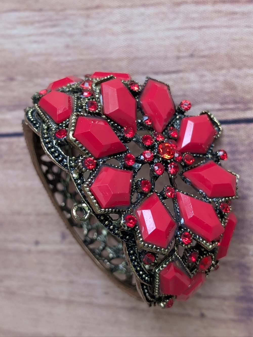 Vintage 90s Red Floral  Rhinestone Cuff Bracelet Statement Bracelet